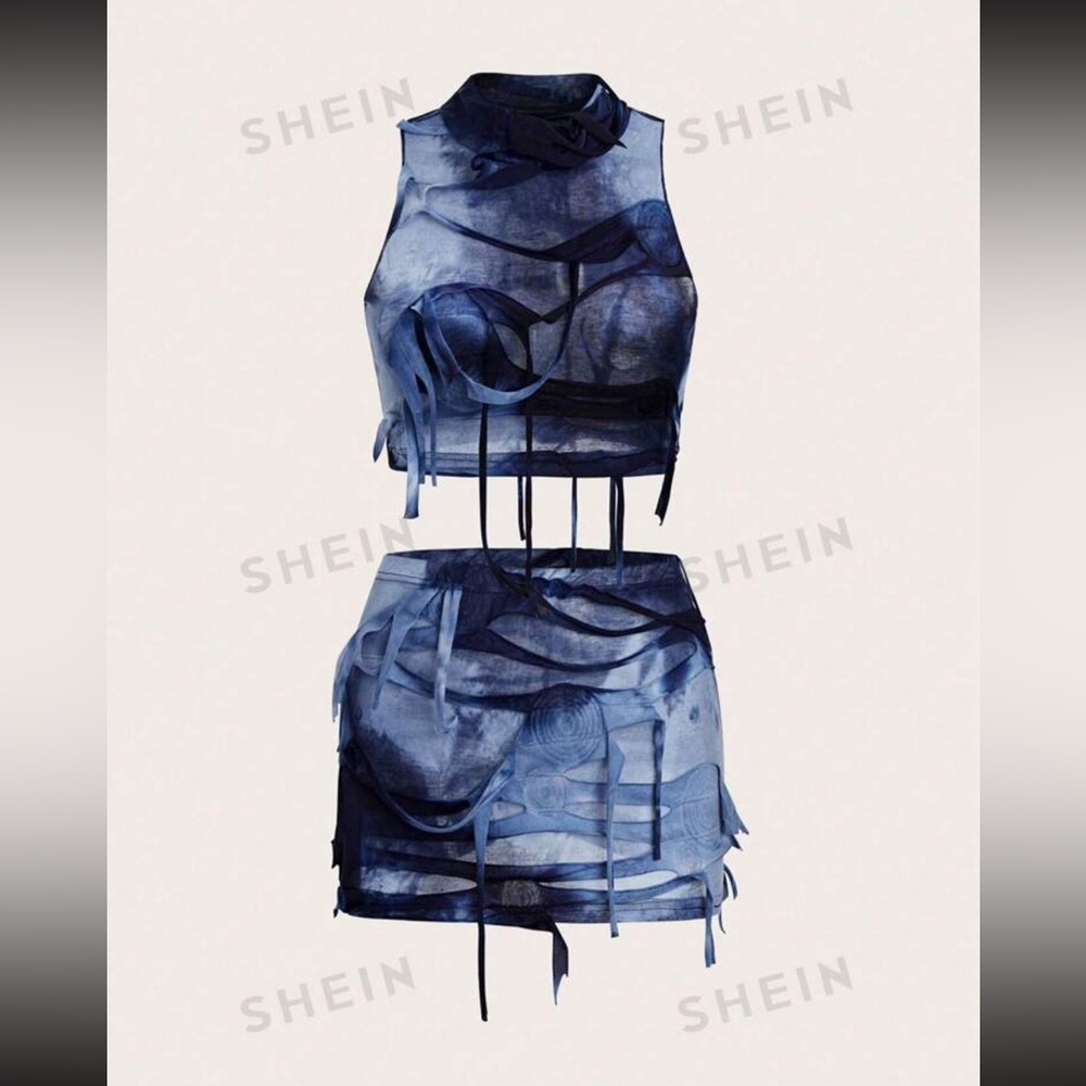 Tie-Dye Distressed Stand Collar Vest And Skirt Two Piece Set